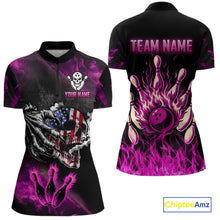 Load image into Gallery viewer, Pink Flaming American Flag Skull Bowling Shirt For Women Custom Fire Bowling Team Jersey TDM4751