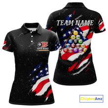 Load image into Gallery viewer, Personalized Black Grunge American Flag Billiard Shirt For Women Custom Patriotic 8 Ball Pool Jersey TDM4757