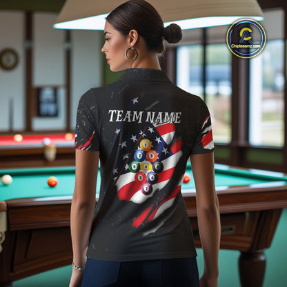 Personalized Patriotic 9 Ball Billiard Shirt For Women Custom Black Grunge American Flag Pool Jersey TDM4758