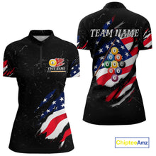 Load image into Gallery viewer, Personalized Patriotic 9 Ball Billiard Shirt For Women Custom Black Grunge American Flag Pool Jersey TDM4758