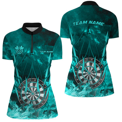 Personalized Turquoise 3D Darts Board On Fire Women Darts Shirts Custom Flame Darts Shirts For Player TDM1789