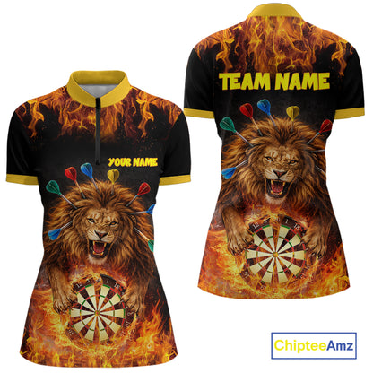 Personalized Fire Flame Lion Darts Shirt For Women Custom Darts Jersey Team Polo & Quarter Zip TDM6311