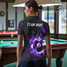 Load image into Gallery viewer, Back view of woman wearing a purple thunder lightning 8 ball pool shirt in a billiards hall.