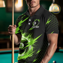 Load image into Gallery viewer, Man wearing a green 8 ball thunder lightning billiard jersey beside a pool table front view.