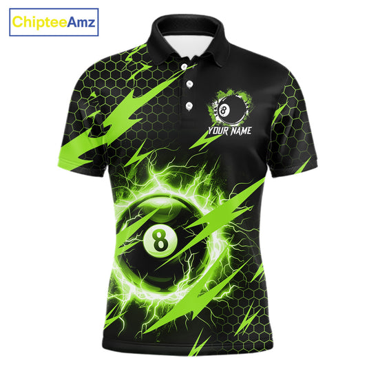 Green 8 ball thunder lightning billiard polo shirt for men with custom team graphics.