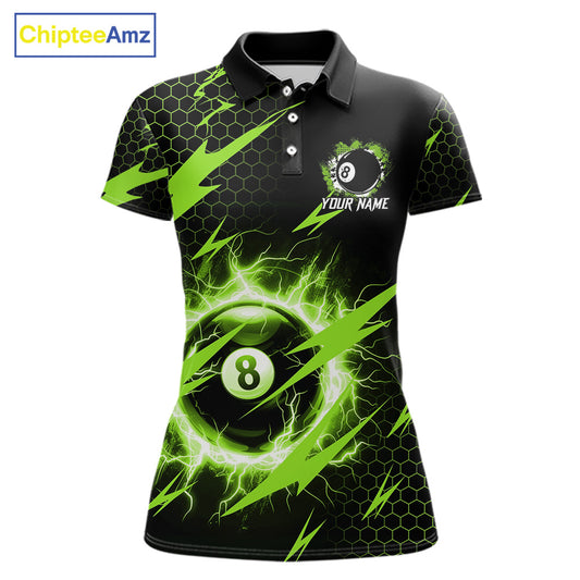 Green 8 ball thunder lightning billiard polo shirt for women with custom team graphics.