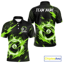 Load image into Gallery viewer, Green 8 ball thunder lightning billiard polo shirt for men with custom team graphics.