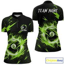 Load image into Gallery viewer, Green 8 ball thunder lightning billiard quarter zip shirt for women designed for league tournaments and team events.