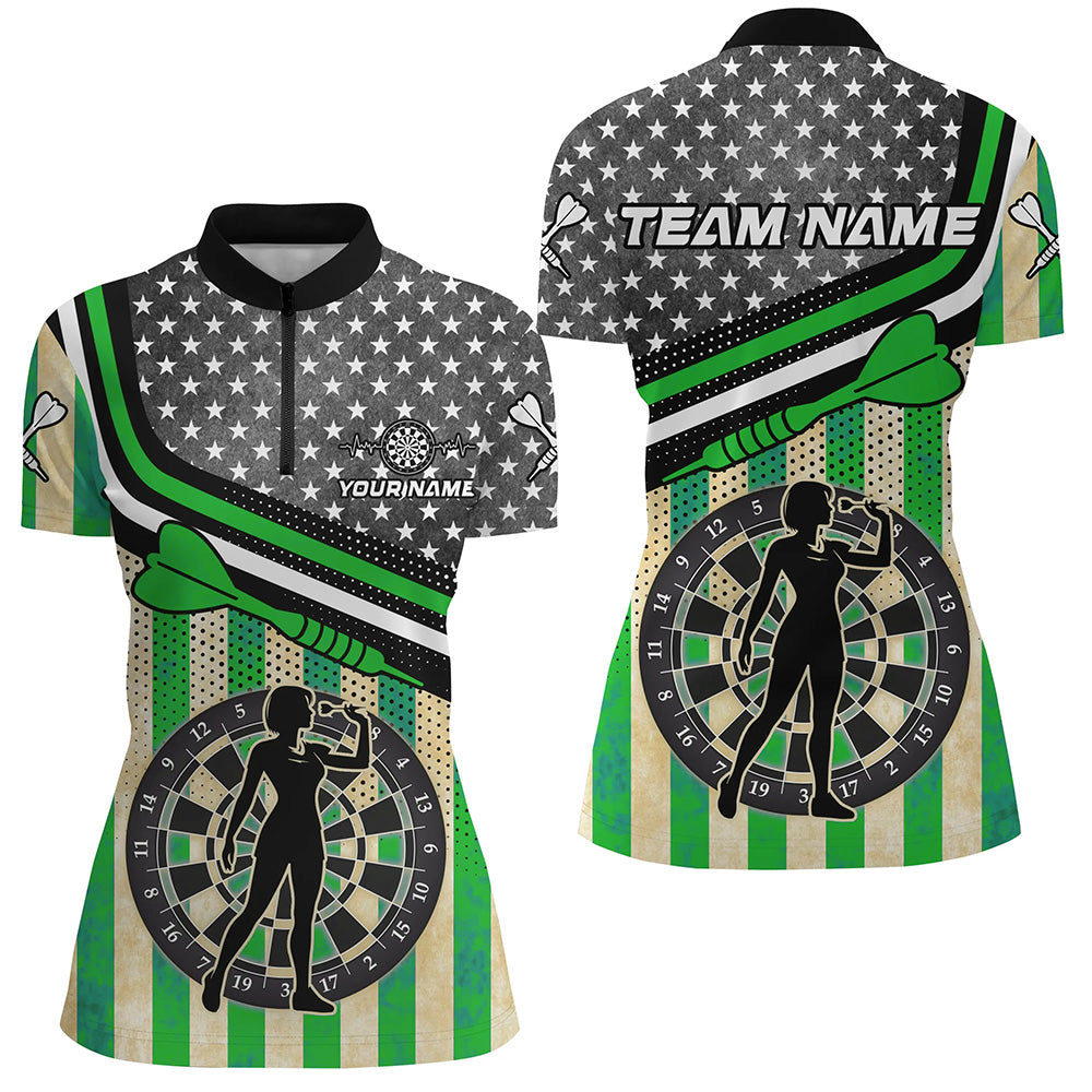 Personalized Green Retro American Flag Darts Shirts For Women Custom Patriotic Darts Player Jerseys TDM1993