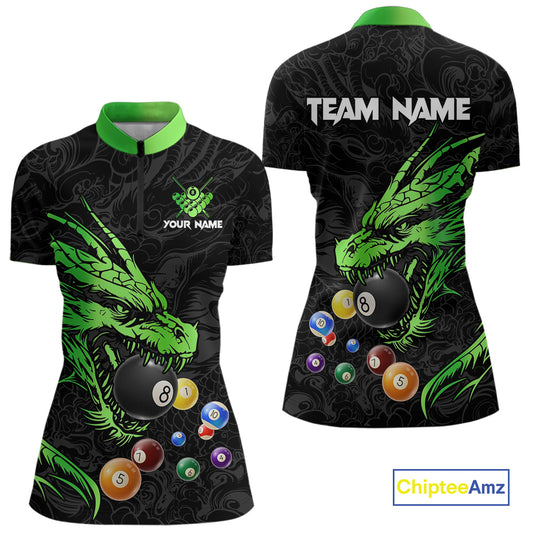 Personalized Green Black 3D Dragon Billiard Balls Pool Shirt For Women, Billiard League Team Jersey TDM4341