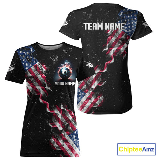 Customized Grunge US Flag Smoke Billiard T-Shirt For Women Custom Patriotic 8 Ball Pool Team Jersey TDM4546