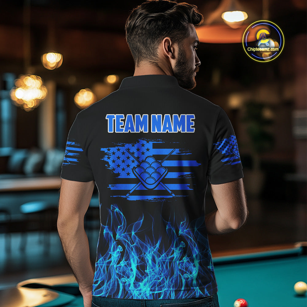 Blue Flaming US Flag 9 Ball Billiard Shirt For Men Custom Patriotic Pool Player Team Jersey TDM4547