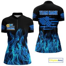 Load image into Gallery viewer, Blue Flaming US Flag 9 Ball Billiard Shirt For Women Custom Patriotic Pool Player Team Jersey TDM4547