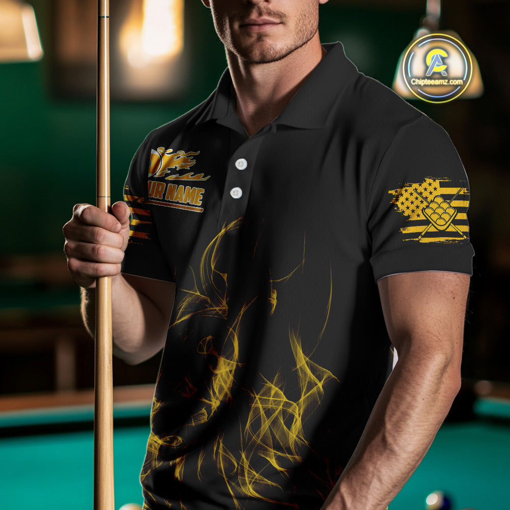 Yellow Flaming US Flag 9 Ball Billiard Shirt For Men Custom Patriotic Pool Player Team Jersey TDM4548