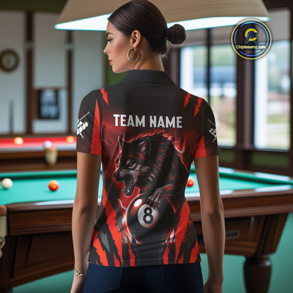 Personalized Thunder Lightning Wolf Billiard Shirt For Women, 8 Ball Billiard Team Jerseys |Red TDM4549