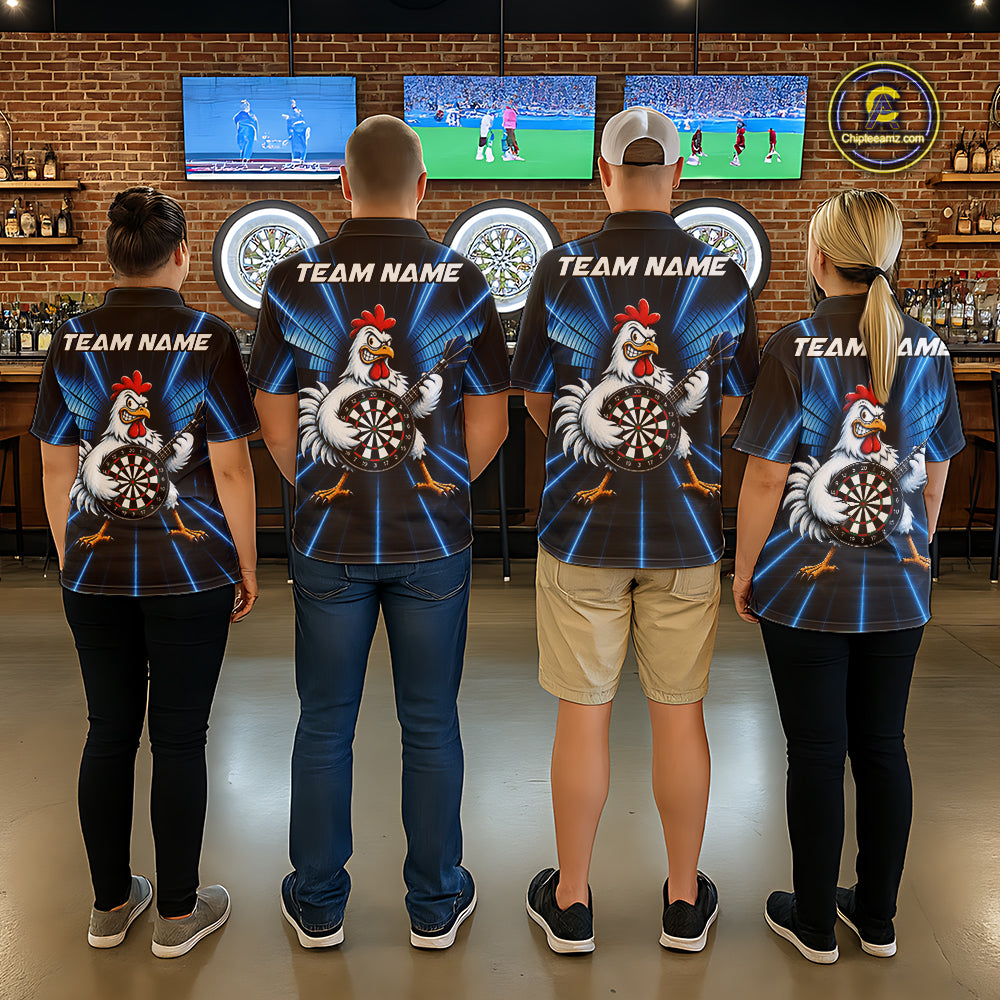 Blue Funny Chicken Playing Dartboard Guitar Custom Darts Shirts For Women, Darts Team Jersey TDM7202