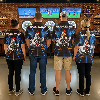 Blue Funny Chicken Playing Dartboard Guitar Custom Darts Shirts For Women, Darts Team Jersey TDM7202