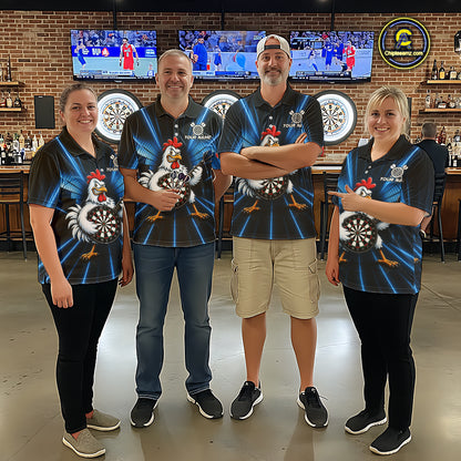 Blue Funny Chicken Playing Dartboard Guitar Custom Darts Shirts For Women, Darts Team Jersey TDM7202