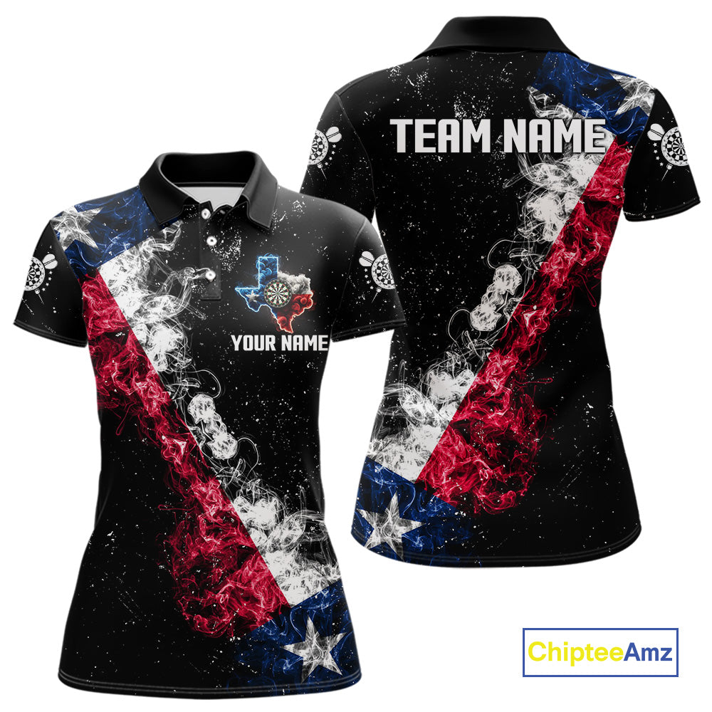 Personalized Black Grunge Texas Flag Smoke Darts Shirt For Women, Patriotic Team Dart Jerseys TDM5178