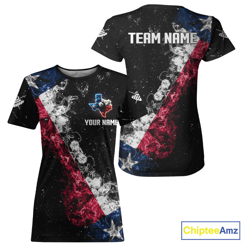 Personalized Grunge Texas Flag Smoke Billiard T-Shirt For Women Custom Patriotic Texas Pool Team Jersey TDM3193