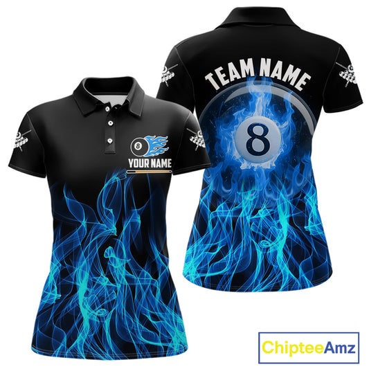 Blue Flaming 8 Ball Billiard Polo & 1/4 Zip For Women Custom Billiard Jersey, Pool Team Shirts TDM5431