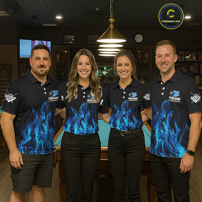 Blue Flaming 8 Ball Billiard Polo & 1/4 Zip For Women Custom Billiard Jersey, Pool Team Shirts TDM5431