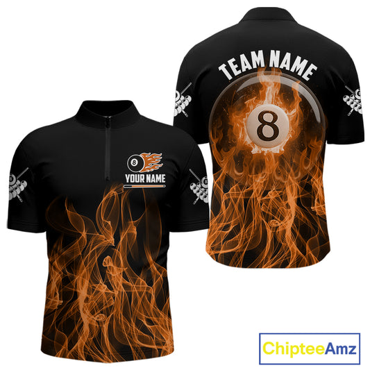 Orange Flaming 8 Ball Billiard Polo & 1/4 Zip For Men Custom Billiard Jersey, Pool Team Shirts TDM5432