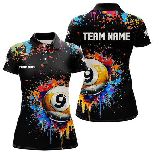 Funny 9 Ball Pool Colorful Paint Splash Custom Billiard Shirt For Women, Billiard Team Jersey | Black TDM3702