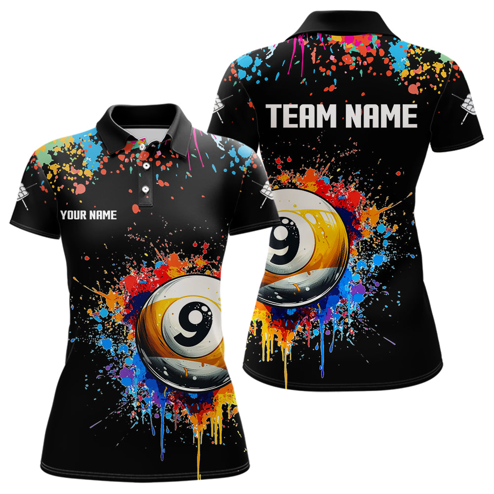 Funny 9 Ball Pool Colorful Paint Splash Custom Billiard Shirt For Women, Billiard Team Jersey | Black TDM3702