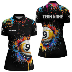 Funny 9 Ball Pool Colorful Paint Splash Custom Billiard Shirt For Women, Billiard Team Jersey | Black TDM3702