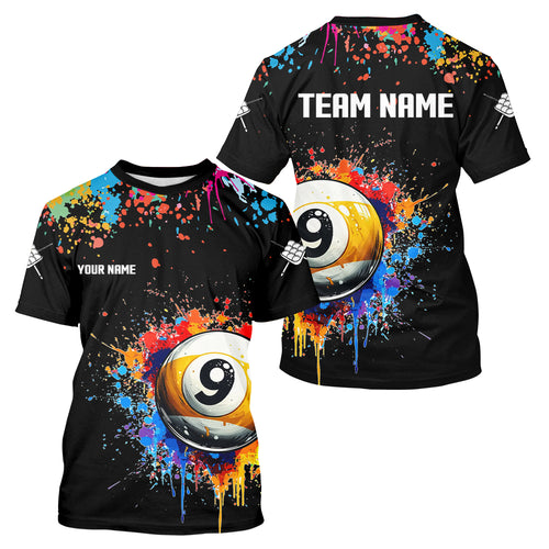 Funny 9 Ball Pool Colorful Paint Splash Custom Men Billiard T Shirt, Billiard Team Jersey | Black TDM3702