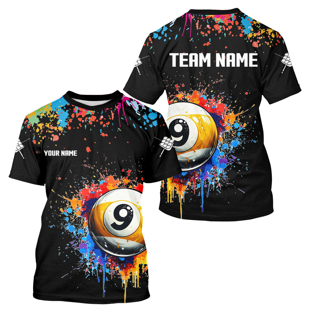 Funny 9 Ball Pool Colorful Paint Splash Custom Men Billiard T Shirt, Billiard Team Jersey | Black TDM3702