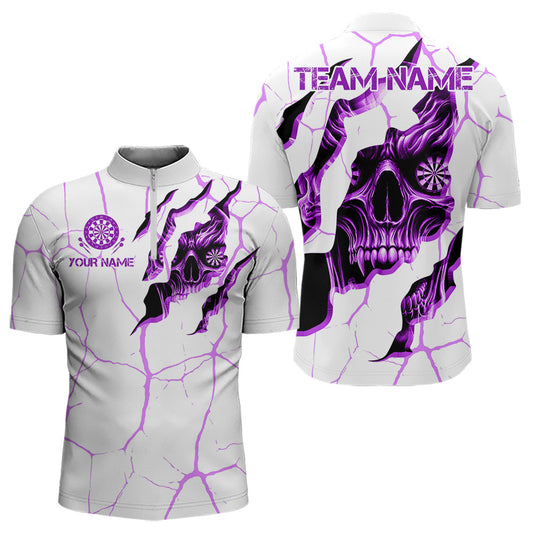 Personalized Skull White Purple Grunge Darts Polo & Quarter-Zip For Men Custom Dart Team Jerseys TDM3704