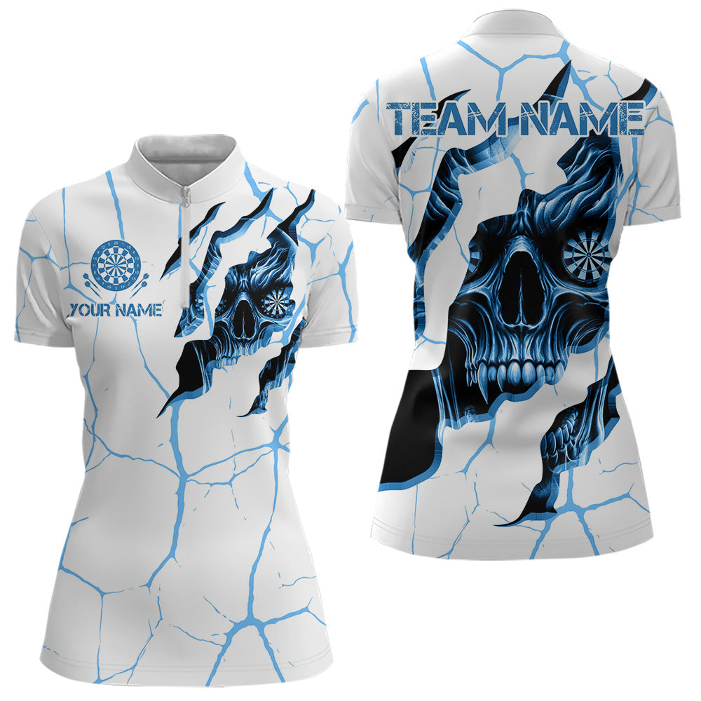 Personalized Skull White Blue Grunge Darts Polo & Quarter-Zip For Women Custom Dart Team Jerseys TDM3705