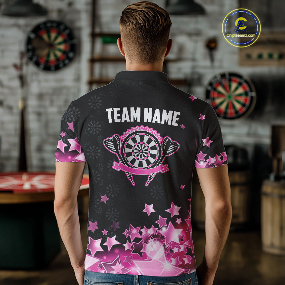 Funny Custom Dart Shirt For Men, Pink Black Glowing Star Pattern Darts Polo & Quarter Zip TDM3885