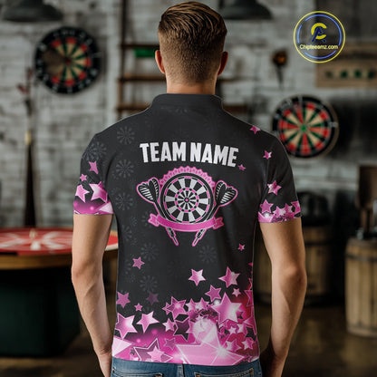 Funny Custom Dart Shirt For Men, Pink Black Glowing Star Pattern Darts Polo & Quarter Zip TDM3885