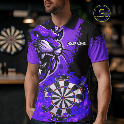 Purple Funny Darts Flame Lion Custom Polo & Quarter-Zip, Personalized Men Dart Shirts Dart Jerseys TDM3973