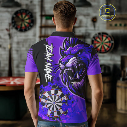 Purple Funny Darts Flame Lion Custom Polo & Quarter-Zip, Personalized Men Dart Shirts Dart Jerseys TDM3973