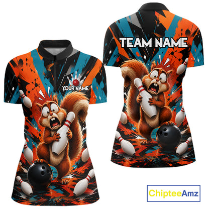 Colorful Graffiti Funny Squirrel Bowling Polo, 1/4 Zip Shirts For Women Custom Bowling Team Jersey TDM6489