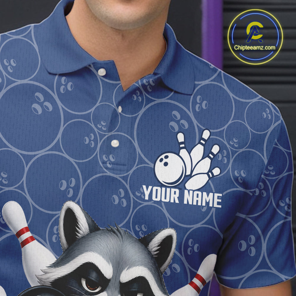 Funny Raccoon Navy Blue Bowling Polo & Quarter Zip Shirts For Men Custom Bowling Team Jersey TDM6490