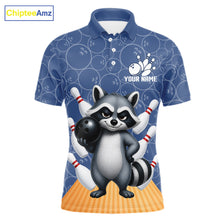 Load image into Gallery viewer, Funny Raccoon Navy Blue Bowling Polo &amp; Quarter Zip Shirts For Men Custom Bowling Team Jersey TDM6490