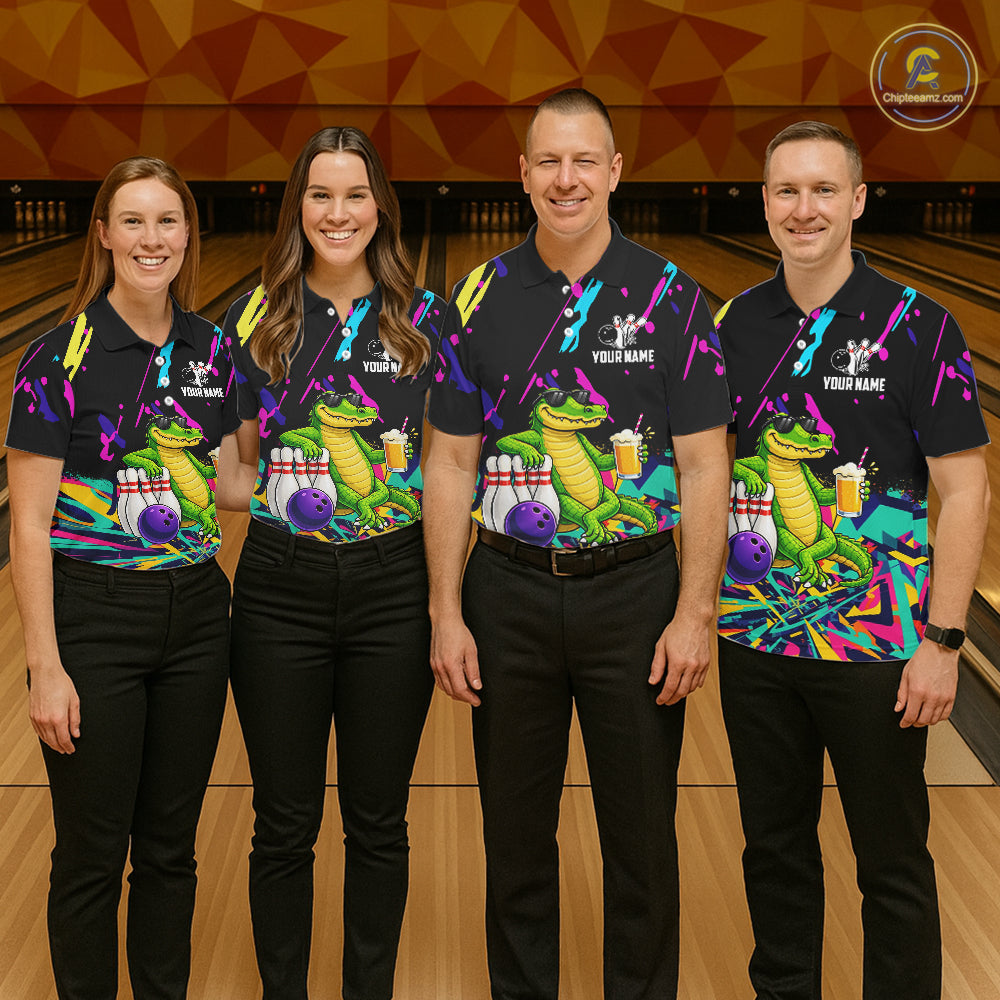 Colorful Bowling Jersey Funny Alligator Bowling Polo & 1/4 Zip For Men Custom Bowling Team Shirts TDM6491