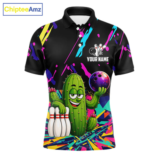 Colorful Bowling Jersey Funny Cactus Bowling Polo & 1/4 Zip For Men Custom Bowling Team Shirts TDM6492