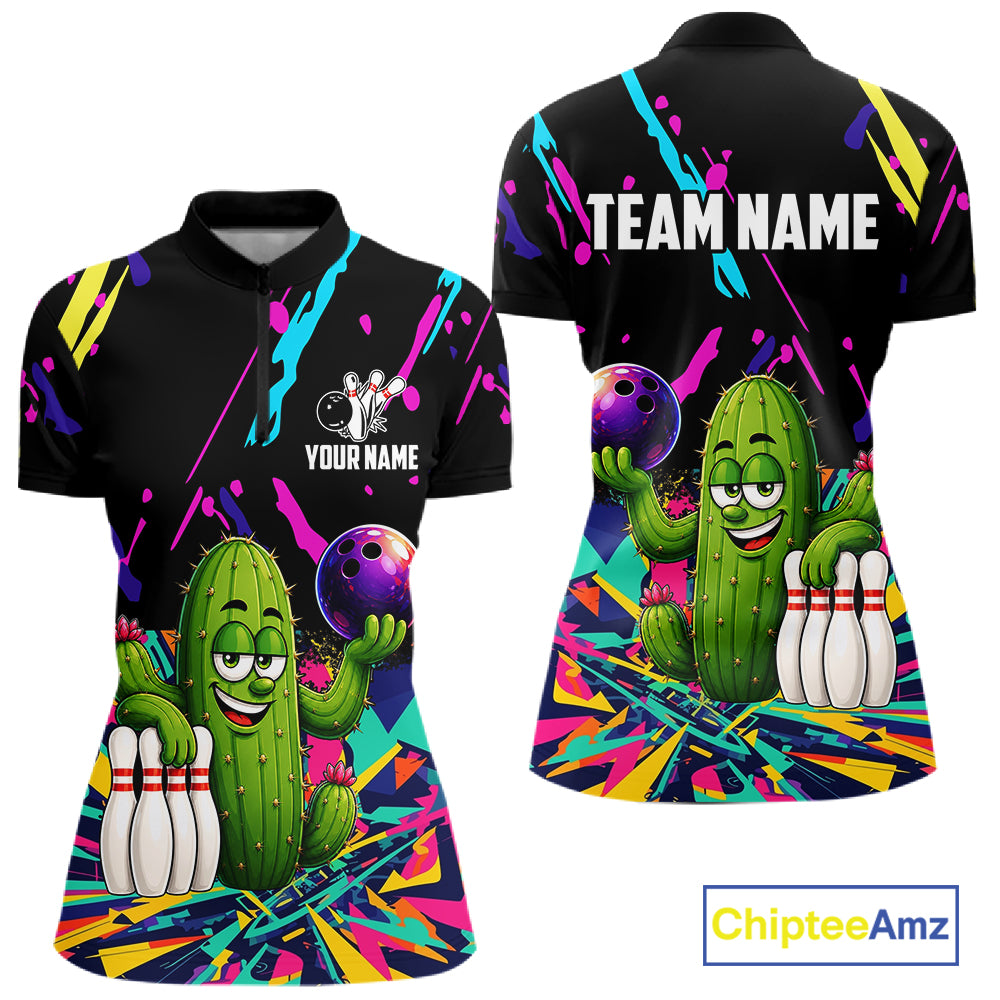 Colorful Bowling Jersey Funny Cactus Bowling Polo & 1/4 Zip For Women Custom Bowling Team Shirts TDM6492