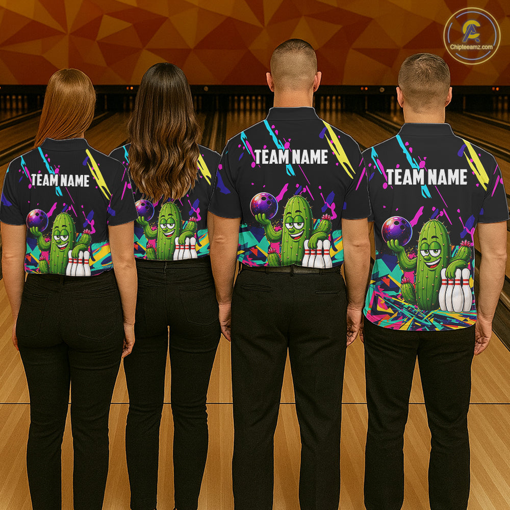 Colorful Bowling Jersey Funny Cactus Bowling Polo & 1/4 Zip For Men Custom Bowling Team Shirts TDM6492