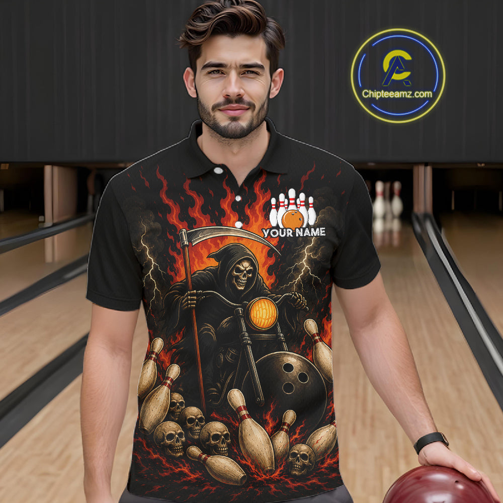 Funny Grim Reaper Motorcycle Bowling Shirts For Men Custom Orange Flame Bowling Team Jersey TDM7214