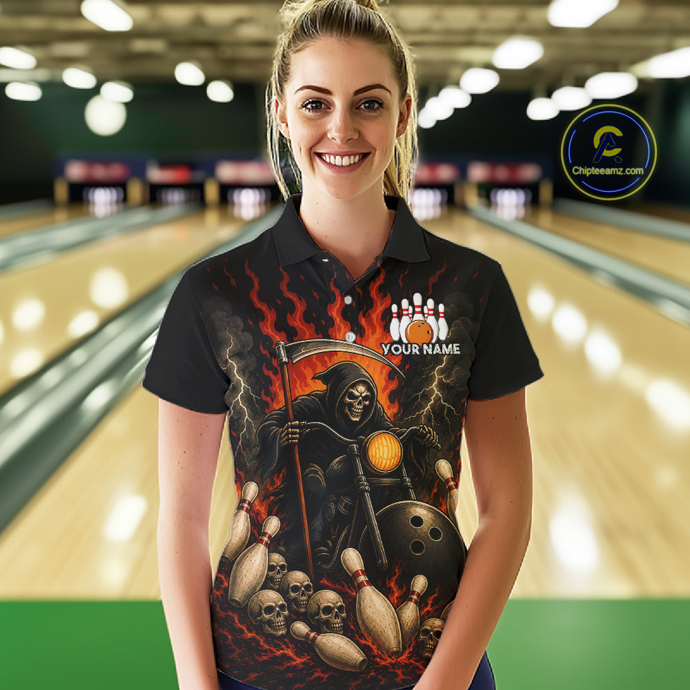 Funny Grim Reaper Motorcycle Bowling Shirts For Women Custom Orange Flame Bowling Team Jersey TDM7214