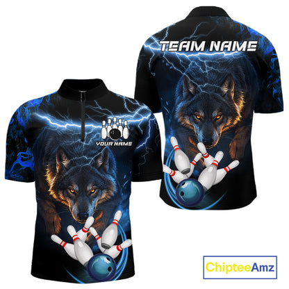 Personalized Blue Lightning Thunder Wolf Bowling Shirts For Men Custom Bowling League Team Jersey TDM7217