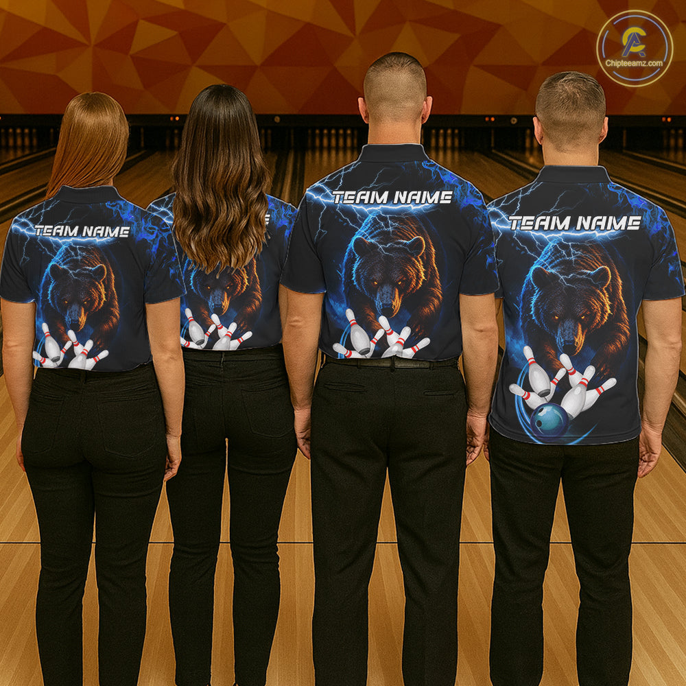 Personalized Blue Lightning Thunder Bear Bowling Shirts For Women Custom Bowling League Team Jersey TDM7218