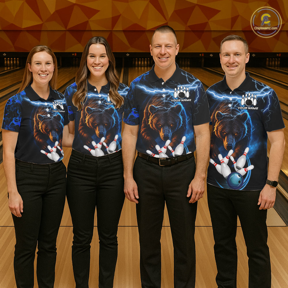 Personalized Blue Lightning Thunder Bear Bowling Shirts For Women Custom Bowling League Team Jersey TDM7218